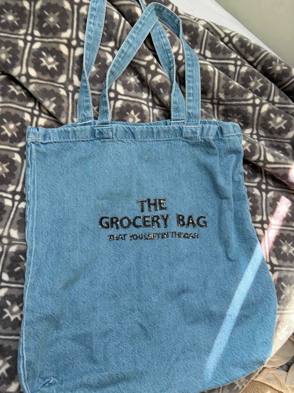 Light Blue Denim Tote - "The Grocery Bag" Embroidered